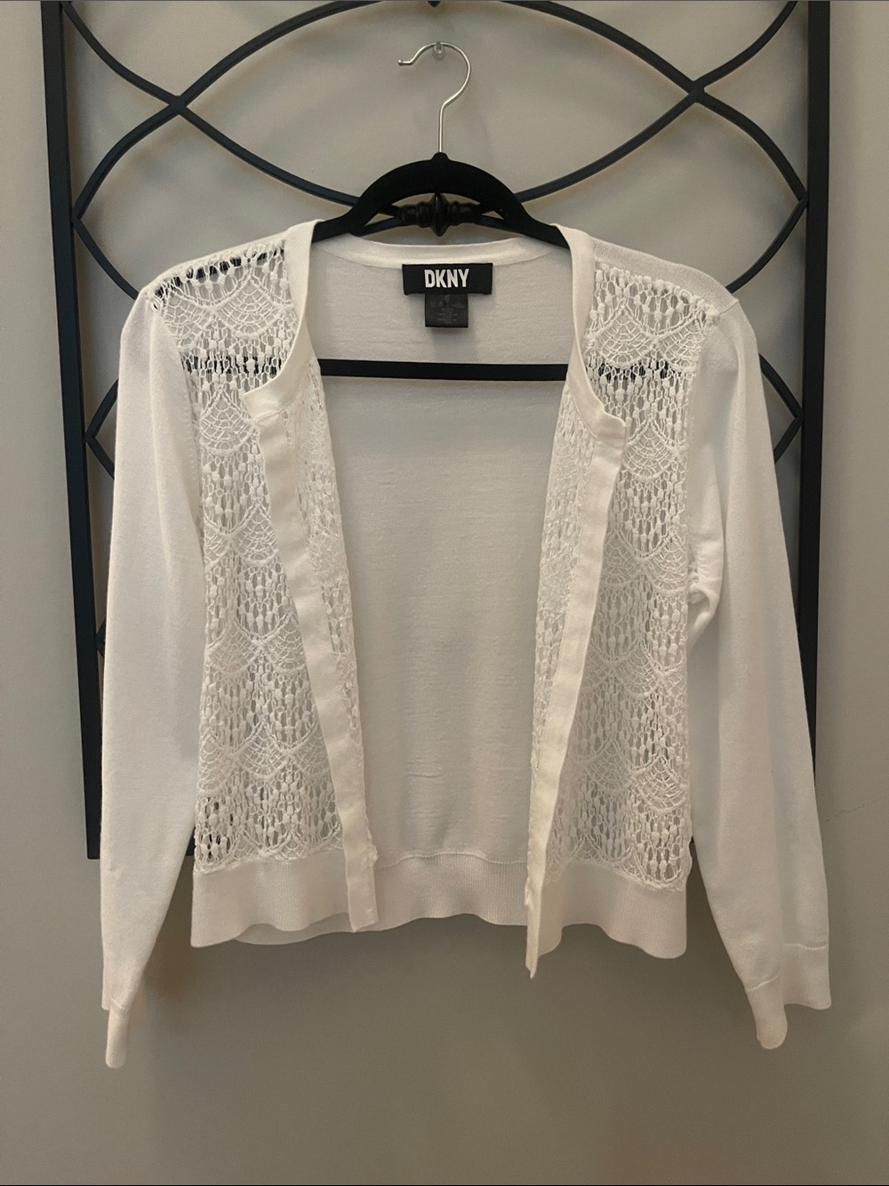 DKNY White Crochet-Panel Open Cardigan